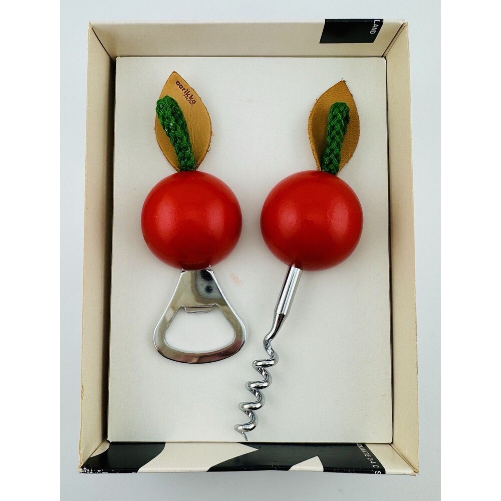 Vintage Aarikka Finland Wooden Red Cherry Bottle Opener Corkscrew Set Boxed RARE